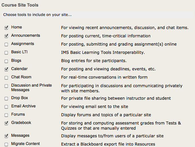Screenshot of Course Site Tools. 