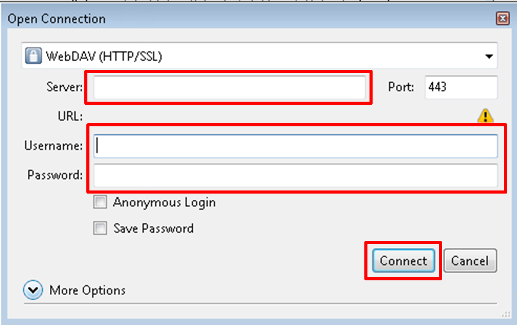 Screenshot of open connection with server, username and password. 