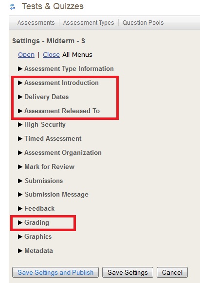 Screenshot of Tests & Quizzes settings. 