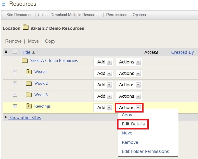 Screenshot of Resources Actions menu options. 