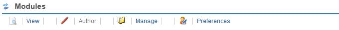 Screenshot of page views in Modules: View, Author, Manage and Preferences. 