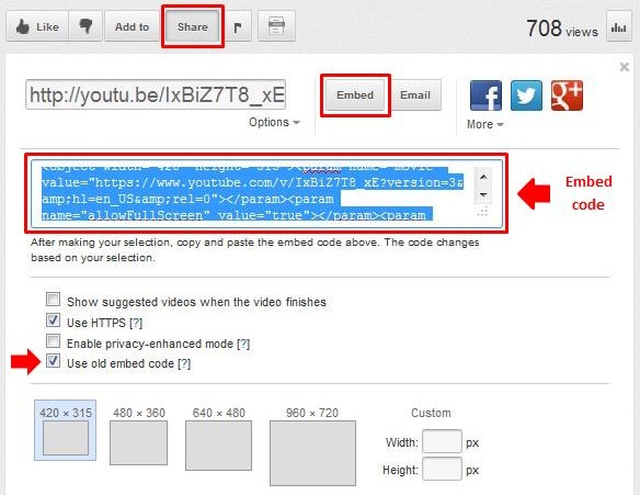 Screenshot of copying Embed Code from a Youtube video page. 