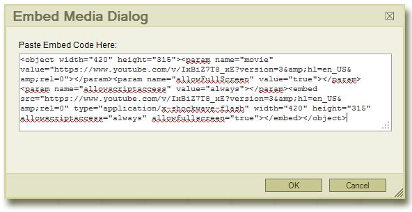 Screenshot of pasting Embed Code into Embed Media Dialog box. 