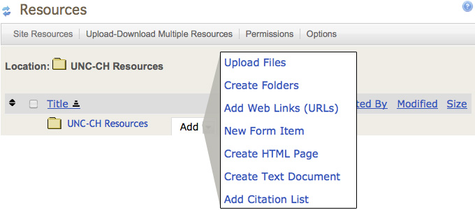 Screenshot of Resources menu. 