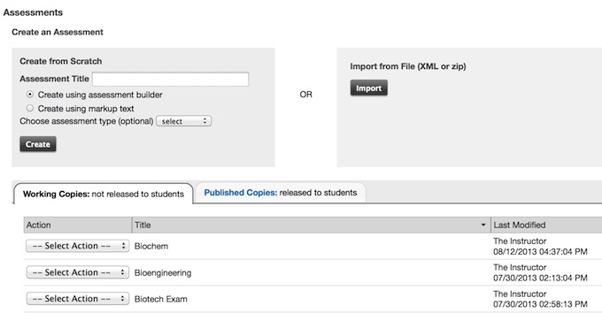 Screenshot of pending and published assignments. 