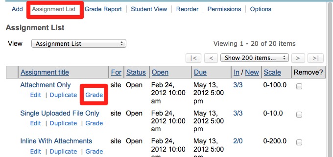 Screenshot of grading Assignments. 