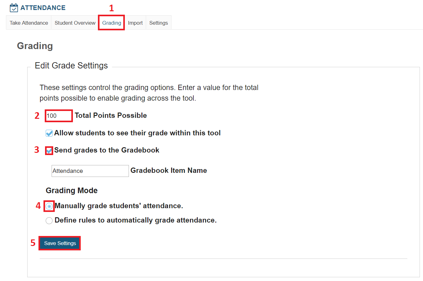 Screenshot of Attendance tool Grading setttings