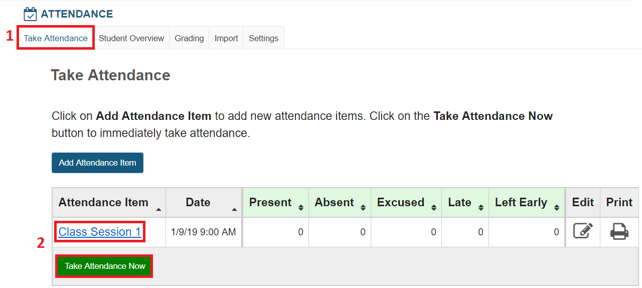 Screenshot of Take Attendance options 