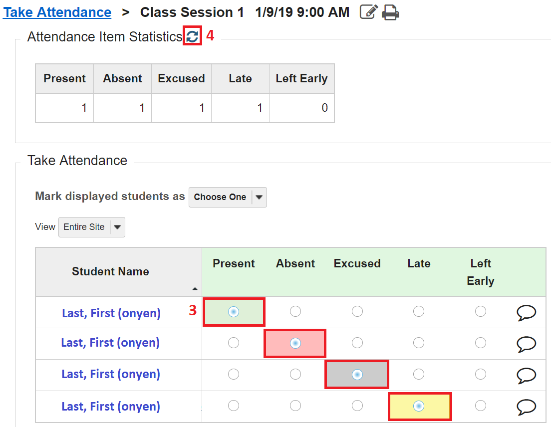 Screenshot student attendance status grid