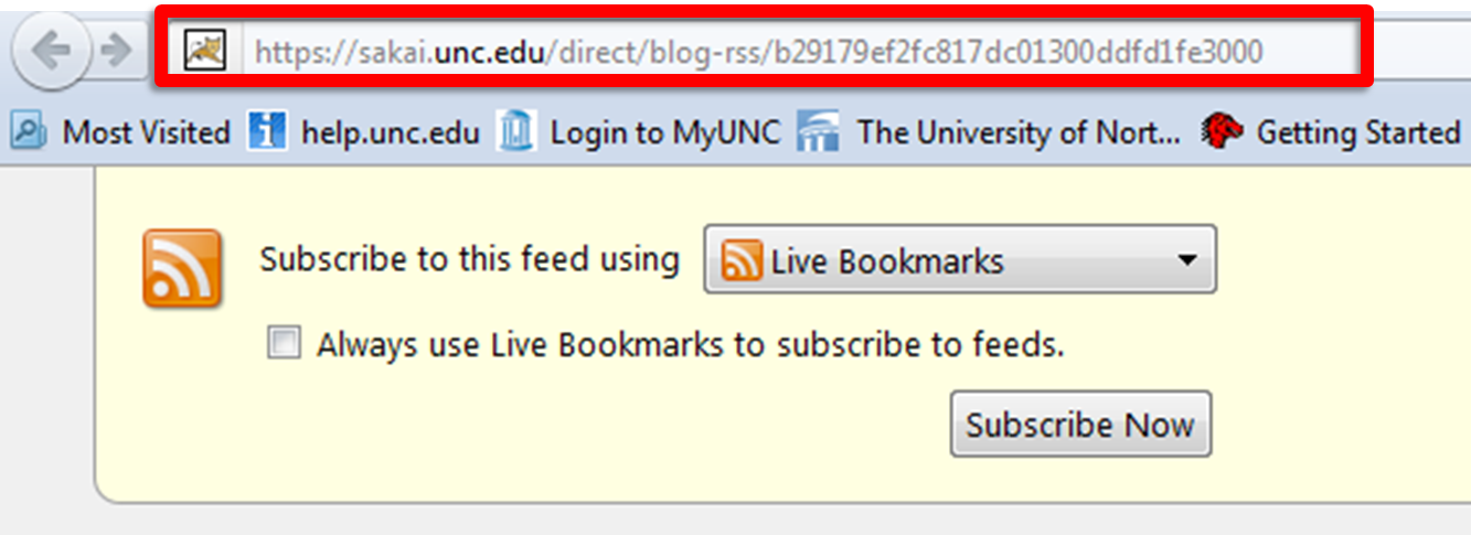 Screenshot of subscribing to an RSS feed in a web browser. 