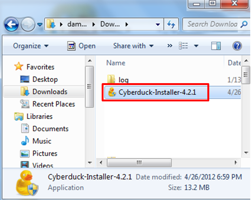 Screenshot of Cuberduck installer in Downloads folder. 