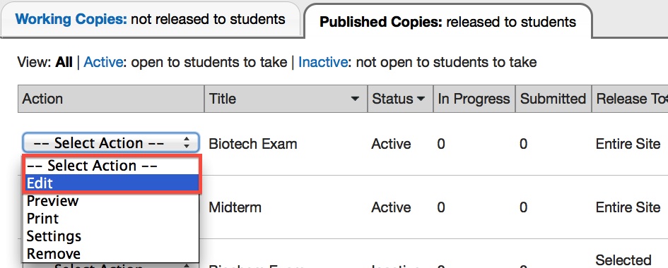 Screenshot of assessment actions menu options. 