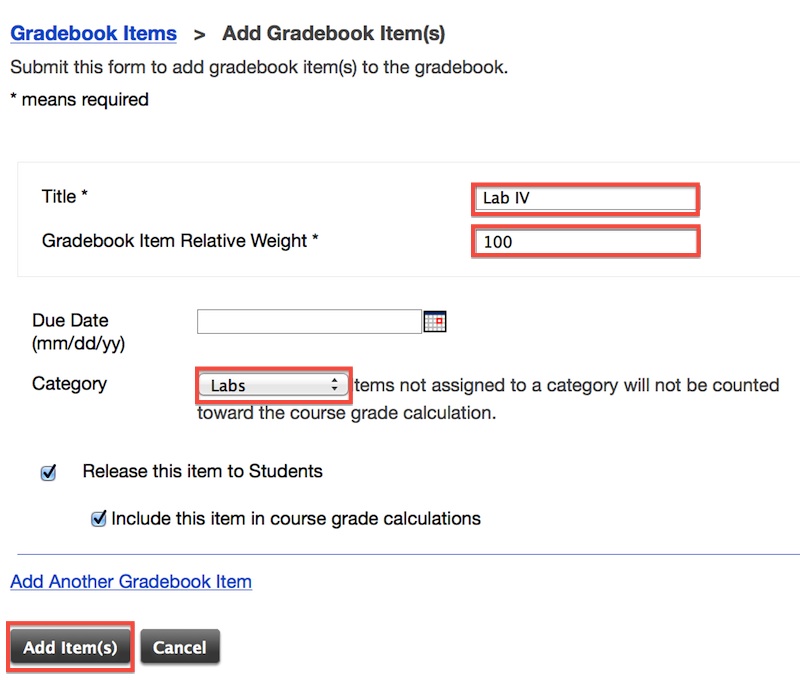 Screenshot of Add Gradebook Item options. 