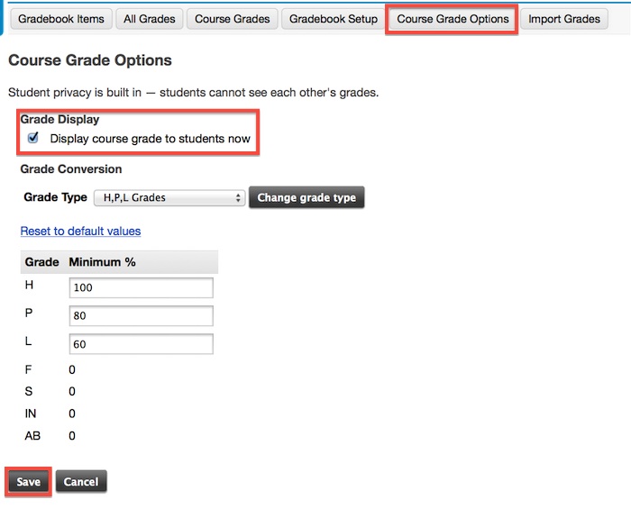 Screenshot of displaying course grade to students now. 
