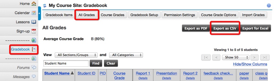 Screenshot of exporting Gradebook to Excel. 