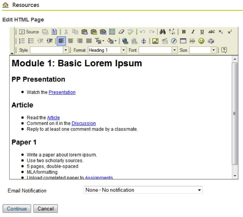 Screenshot of instructor view of html page. 