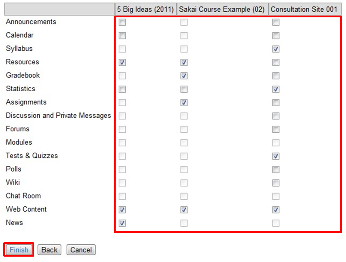 Screenshot of list of tools from other sites and check boxes. 