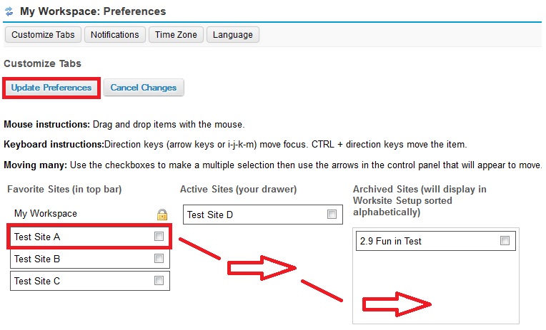 Screenshot of customizing course tabs. 