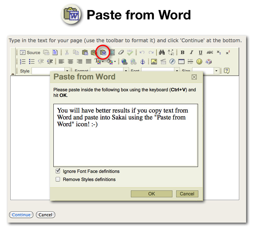 Screenshot of Paste from Word icon and text editor. 