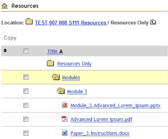 Screenshot of student view of resources. 