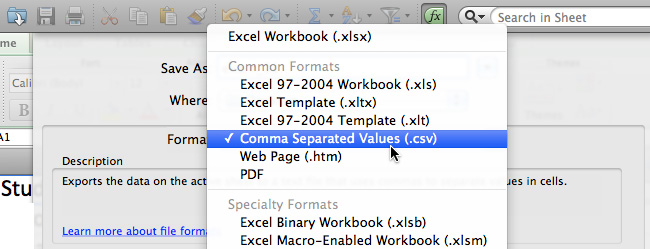 Screenshot of Excel menu options. 