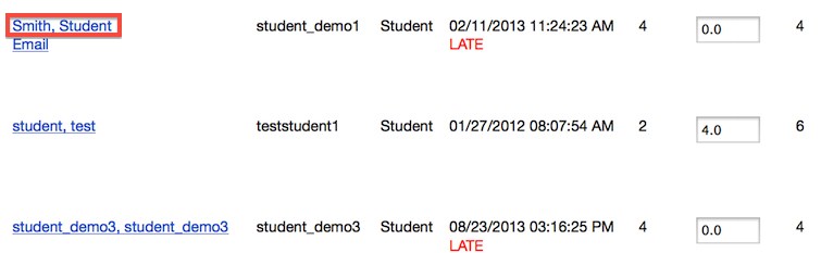 Screenshot of viewing student submissions. 