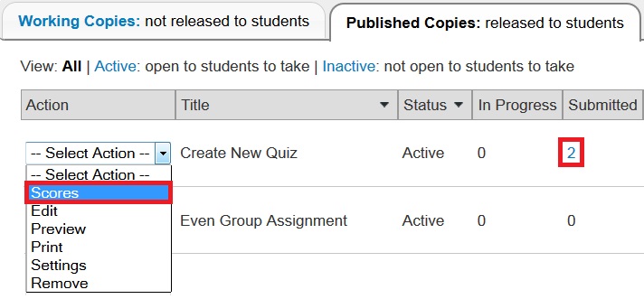 Screenshot of Test & Quizzes main screen showing how to view scores of Published assessments. 