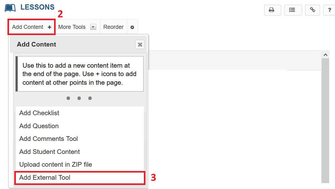 Screenshot showing Add Content and Add External Tool menu options. 
