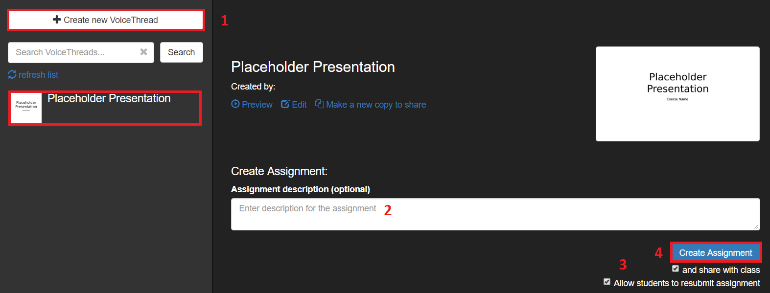 Screenshot of VoiceThread Assignment Buidler watch assignment. 