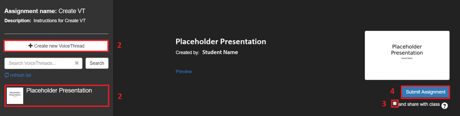 Screenshot of student submission page for a create a VoiceThread assignment.