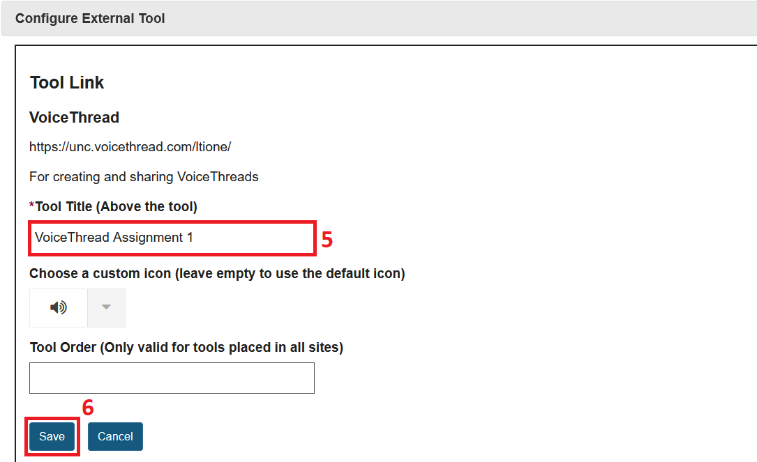 Screenshot showing how to configure VoiceThread tool. 