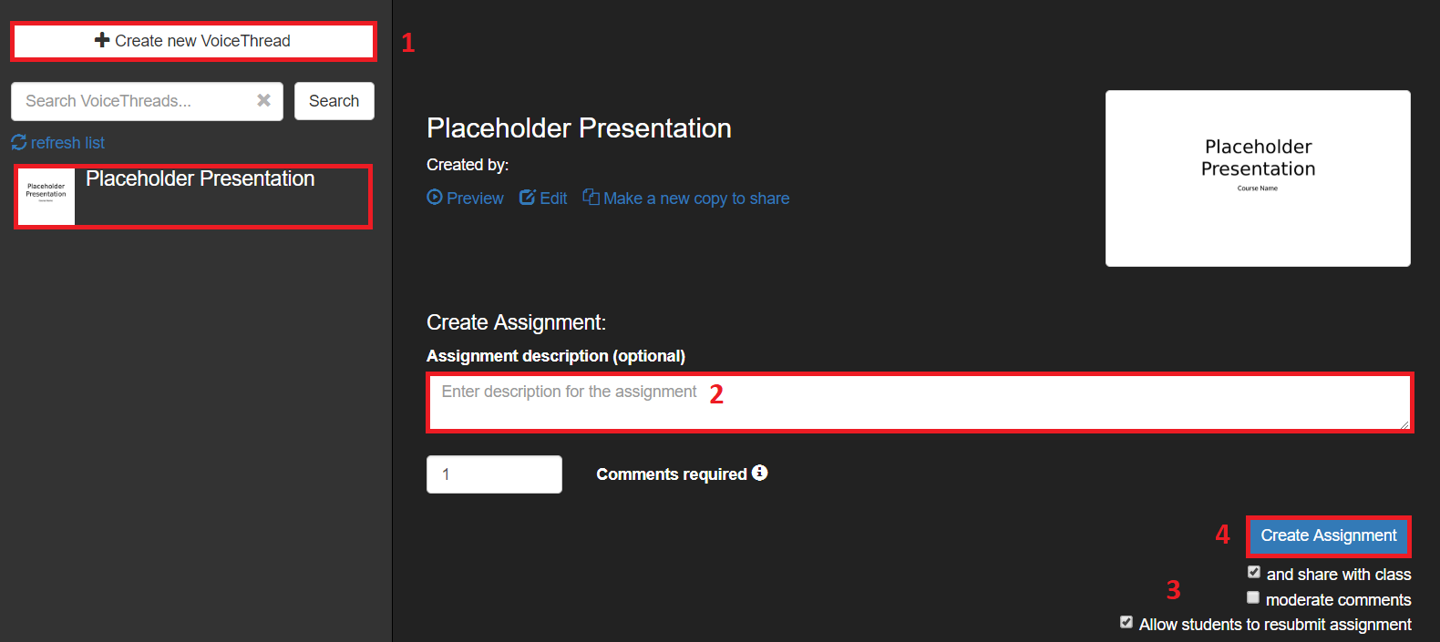 Screenshot of VoiceThread Assignment Builder comment assignment. 