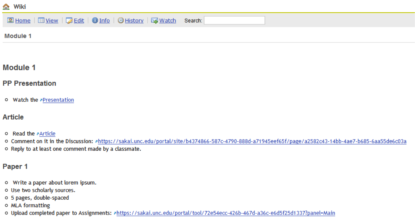 Screenshot of student view of a single module in Wiki. 